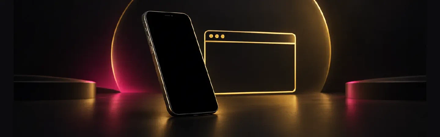 Illustratie van een smartphone en browservenster; geen screenshot van de app